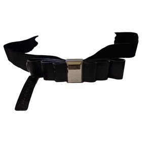 New Ralph Lauren Black Silver Leather Bow Ribbon Stretch Skinny Belt Large